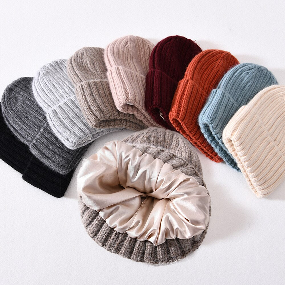 Thick Chunky Striped Satin Lined Cashmere Knitted Beanie - HatWorth