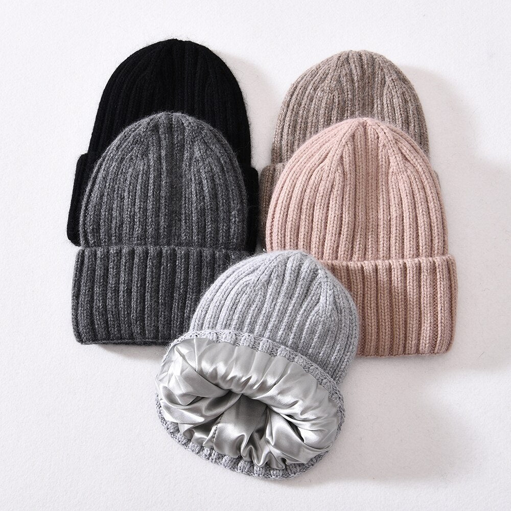 Thick Chunky Striped Satin Lined Cashmere Knitted Beanie - HatWorth