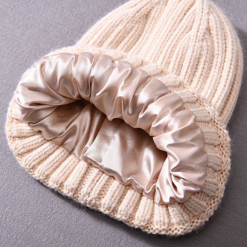 Thick Chunky Striped Satin Lined Cashmere Knitted Beanie - HatWorth