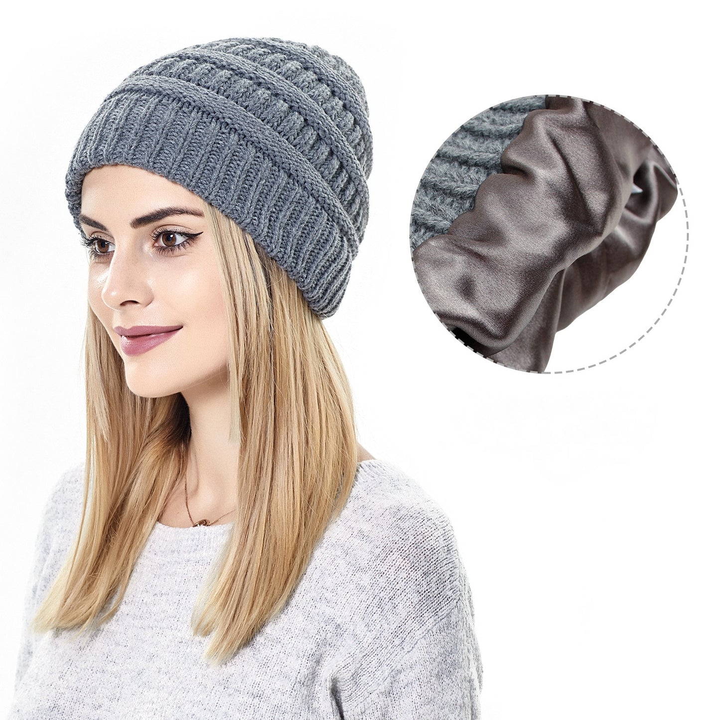 Cable Knit Satin Lined Beanie Chunky Slouchy Hat